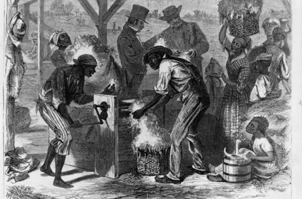 African American slaves using cotton gin, drawing by William L. Sheppard.