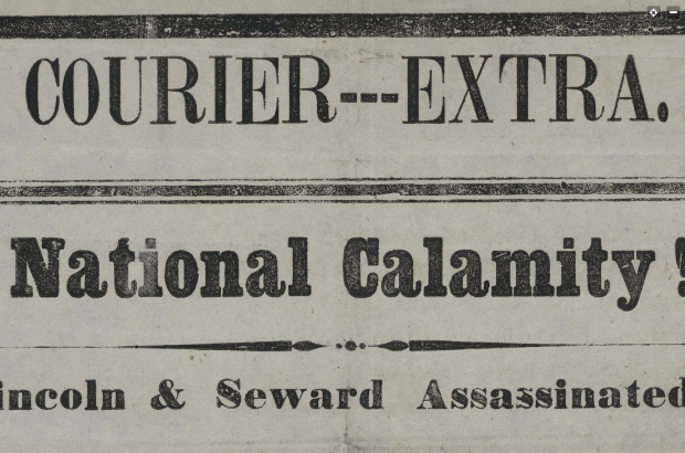 Newspaper headline stating that Abraham Lincoln and William H. Seward had been assassinated