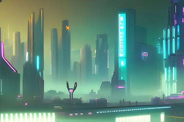 Digitally drawn image depicting a futuristic cityscape, covered in fog but can see the outline of buildings with some billboards and lights drawing attention to the buildings