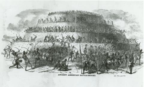 Native Americans in a mythologized battle with the "Moundbuilders" atop tiers of an earthen mound.