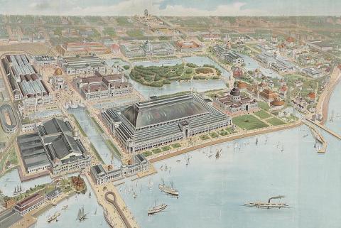 Color drawing of aerial view of the World's Columbian Exposition buildings and fairgrounds