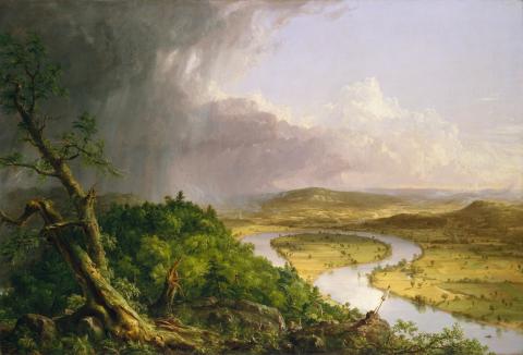A landscape painting of a river, green hills, and trees.