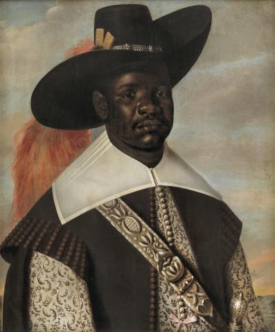 Portrait of Black man in elaborate European clothing and feathered hat