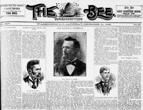 Newspaper front page with bee hive image in header, portrait prints of three men