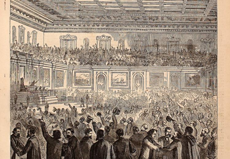 Harper's Weekly cartoon depicting celebration in the House of Representatives after adoption of the Thirteenth Amendment, February 18, 1865.