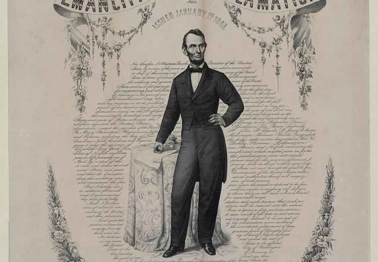 Portrait of President Abraham Lincoln surrounded by the words of the Emancipation Proclamation (1863).