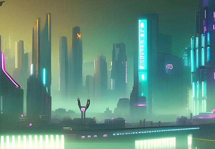 Digitally drawn image depicting a futuristic cityscape, covered in fog but can see the outline of buildings with some billboards and lights drawing attention to the buildings