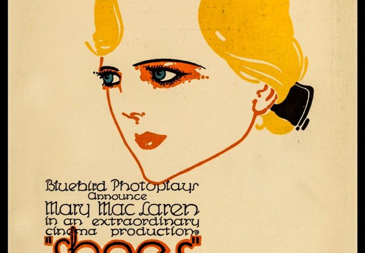 Promotional poster for silent film "Shoes" features profile of blonde woman and text