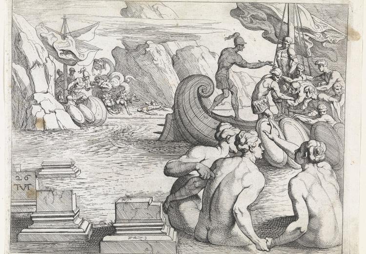 Odysseus and crew on ship surrounded by sirens