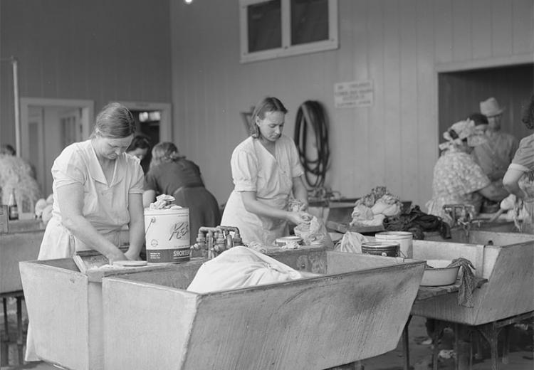 Women washing clothes. Tulare migrant camp. Visalia, California.