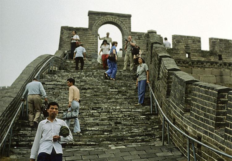 Sightseers walking on a section of the Great Wall of China