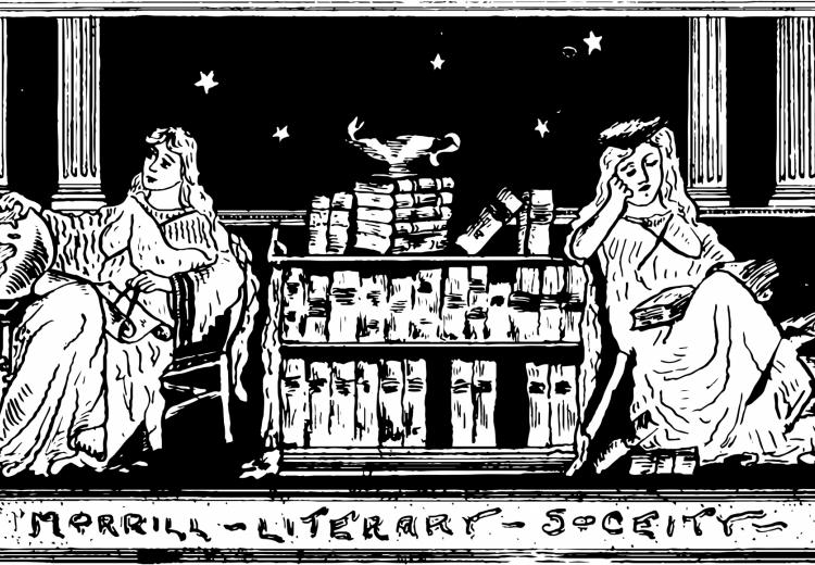 Illustration of two women reading with banner "Literary Society" below the image. 